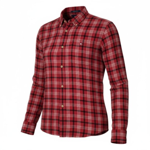 Tommy Hilfiger Women's Collared Cotton Plaid Flannel Shirt Size XL Red Black - Picture 1 of 8